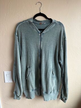 Free People Waffle Knit zip up - blue green acid wash size L
